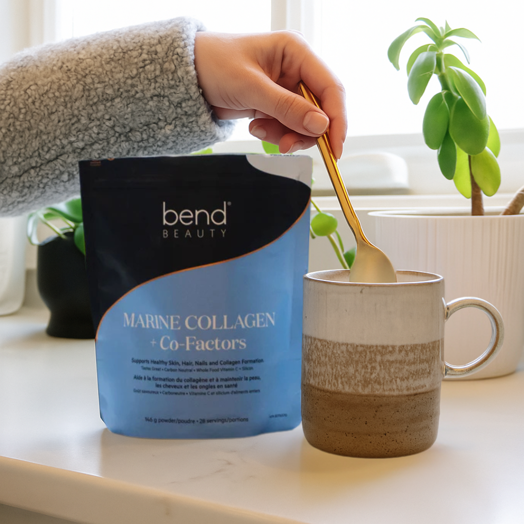 Collagen pouch next to coffee mug